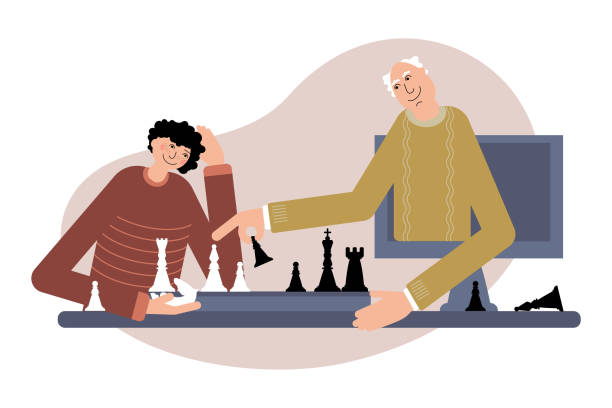 Grandfather play chess online with his grandson. Online chess tutorial. Grandfather play chess online with his grandson. Online chess tutorial. Flat vector illustration. computer chess stock illustrations