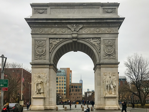 Manhattan, New York - February 15, 2019: Washington Square monument in New York City
