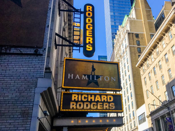 Signage for Hamilton musical above the Rodgers Theatre stock photo