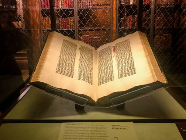 NYC, New York - February 14, 2019: The Gutenberg Bible on display in the JP Morgan Library