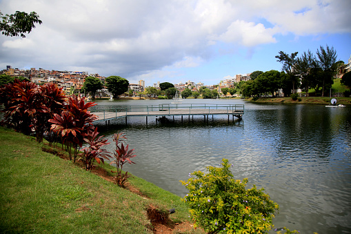 salvador, bahia, brazil - december 4, 2020: wooden deck is seen in the waters of Dique de Itororo in the city of Salvador.
