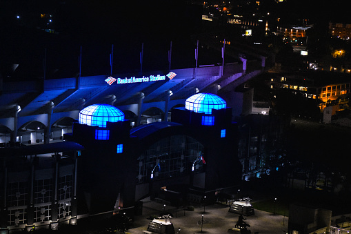 Charlotte, North Carolina, USA-May 09,2020 : The location of the Bank of America Stadium in Carolina Panthers NFL is uptown Charlotte. The color of the exteria illuminations is always changing