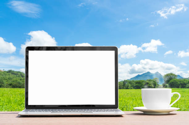 istock laptop and cofree cup on table agent grass field 1292502464