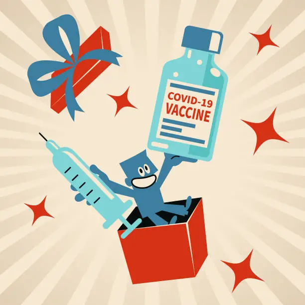 Vector illustration of Smiling man showing up from an open gift box and holding Vaccine bottle and syringe to protect against coronavirus disease (COVID-19, flu virus)