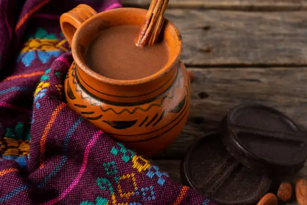 Traditional mexican hot cocoa on wooden background