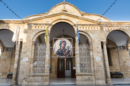 Panayia Phaneromenis Church in Nicosia of Cyprus. An old Greek orthodox church stands proud in the heart of Nicosia among the cafes, restaurants and other shops