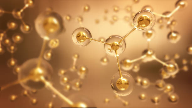 struttura astratta sfondo gold molecule or atom,rendering 3d - atom molecule molecular structure chemistry foto e immagini stock