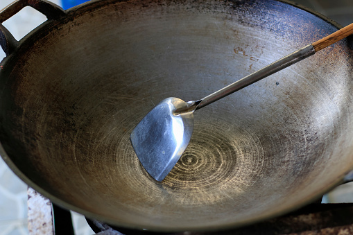 Close-up of an empty pan with a spatula placed on the stove.