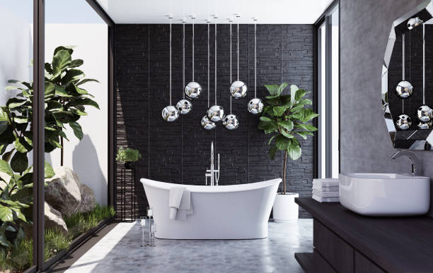 자연 전망 스톡 사진이있는 현대적인 욕실 - chandelier 뉴스 사진 이미지