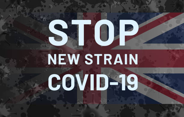 covid-19. rufen sie auf, um neue dehnung zu stoppen. stoppen sie coronavirus. beschwörung von textbanner auf dem grunge-hintergrund der flagge von großbritannien und zellen des coronavirus - invoke stock-grafiken, -clipart, -cartoons und -symbole