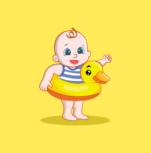 illustrazioni stock, clip art, cartoni animati e icone di tendenza di cute baby boy con un'illustrazione vettoriale a galleggiante d'anatra - rubber duck rubber toy yellow