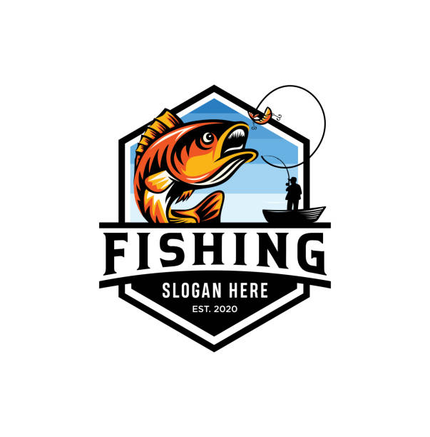nowoczesne letnie logo wędkarskie odznaka maskotka vector design ilustracja - sport fish stock illustrations