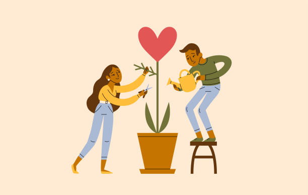 A Young Couple Work Together To Improve Their Love Relationship A young man and woman work together to grow their love and improve their committed relationship. flirting stock illustrations