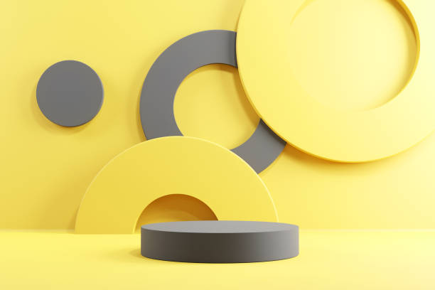 Abstract minimal scene with geometric forms. Cylinder podium stage in yellow and grey backgrounds. for show product presentation 2021.