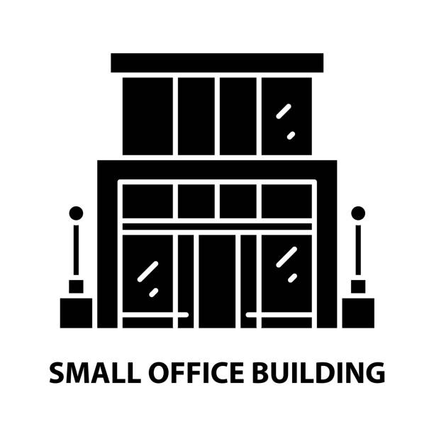 ilustraciones, imágenes clip art, dibujos animados e iconos de stock de pequeño icono de edificio de oficinas, signo vectorial negro con trazos editables, ilustración conceptual - office sidewalk office building built structure