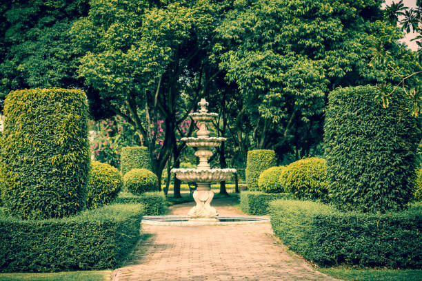 mała fontanna i tropikalny ogród zielona roślina ozdobić w tajlandii - fountain in garden zdjęcia i obrazy z banku zdjęć