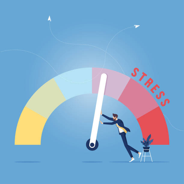 Stress level reduced with problem and pressure solving businessman concept Tired from frustration employee in job vector illustration, Emotional overload scene pressure meter stock illustrations