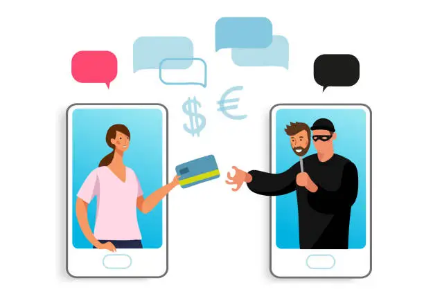 Vector illustration of Conceptual illustration of online fraud, cyber crime, data hacking. A woman on the phone screen and the scammer stealing a bank card. Flat vector illustration.