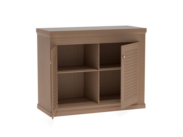 istock Brown wooden cabinet with slatted doors. Empty shelves with open doors 1292529778
