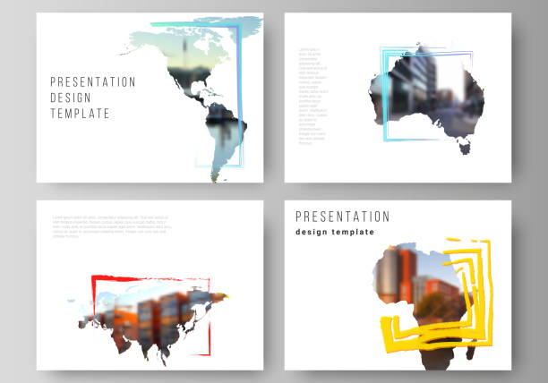 Vector layout of the presentation slides design business templates, multipurpose template for presentation brochure. Design template in the form of world maps and colored frames, insert your photo. Vector layout of the presentation slides design business templates, multipurpose template for presentation brochure. Design template in the form of world maps and colored frames, insert your photo powerpoint template background stock illustrations