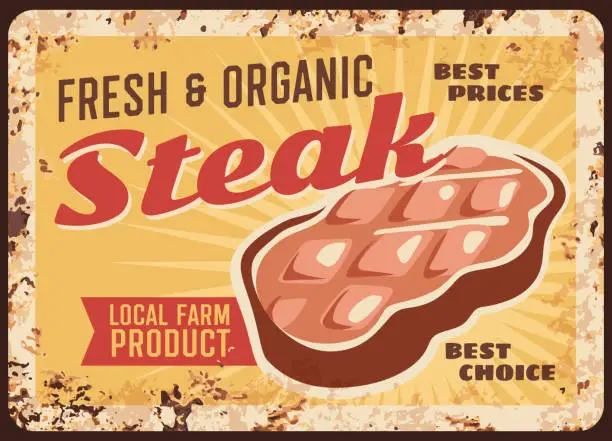 Vector illustration of Steak rusty metal plate with vector beefsteak
