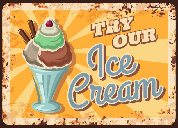 Ice cream desert rusty metal vector plate Ice cream desert rusty metal vector plate. Sundae balls in glass, gelato decorated with chocolate waffle tubes and cherry. Ice cream cafe, parlor shop retro banner, advertising poster handful stock illustrations