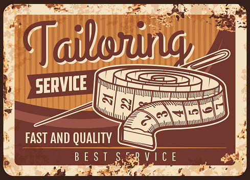 Tailor shop metal plate rusty, sewing atelier and dressmaking salon, vector retro poster. Tailoring and fashion seamstress workshop, clothes repair and alternation service, needle and measure tape