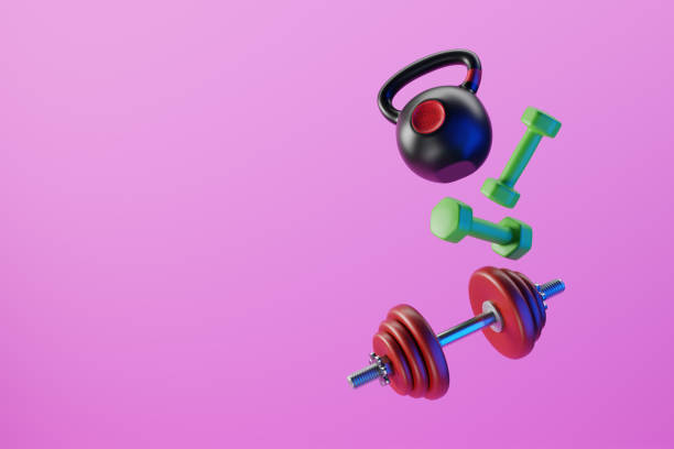 istock Dumbbells and Kettlebells floating abstractly in the air. 3d illustration 1292531939