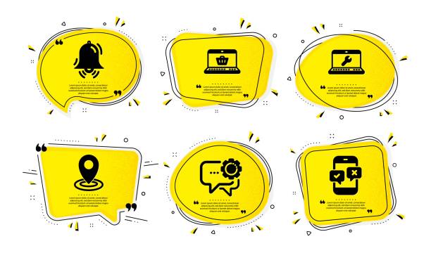 Online shopping, Employees messenger and Location icons set. Laptop repair, Clock bell and Phone survey signs. Vector Online shopping, Employees messenger and Location icons simple set. Yellow speech bubbles with dotwork effect. Laptop repair, Clock bell and Phone survey signs. Vector textual symbol stock illustrations