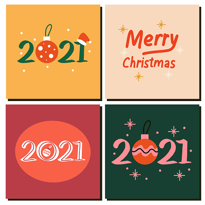 Set of cards Happy New Year 2021 and Merry Christmas. Vector illustration with rewritten text, toys. Suitable for social media posts, instagram, mobile apps, banners and online ads, marketing materials.