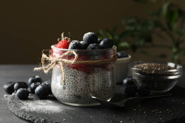istock Concept of breakfast with delicious chia pudding 1292537663