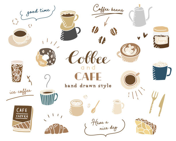 zestaw różnych ilustracji doodle związanych z kawą i kawiarniami - black coffee illustrations stock illustrations