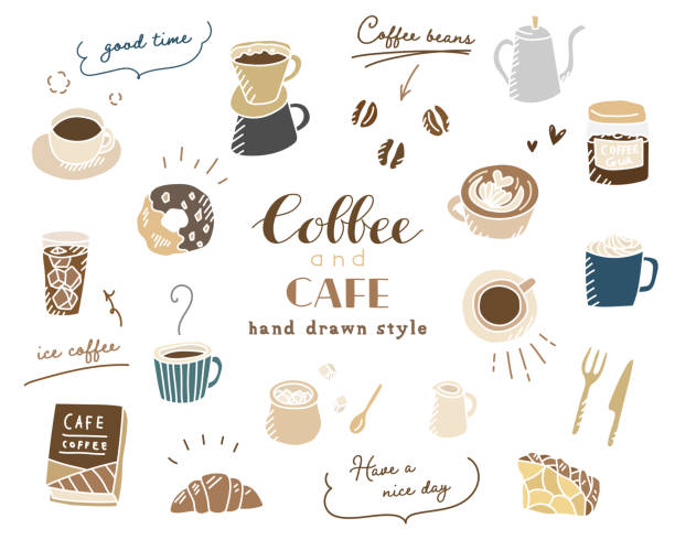 A set of various doodle illustrations related to coffee and cafes A set of various doodle illustrations related to coffee and cafes coffee cup coffee hot chocolate coffee bean stock illustrations