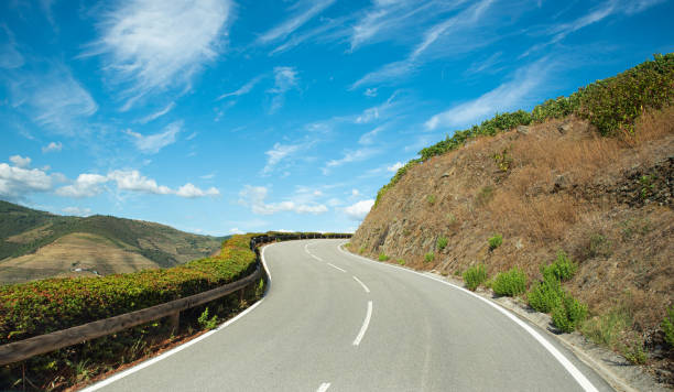 istock Sloping road with right turn in the field 1292539045