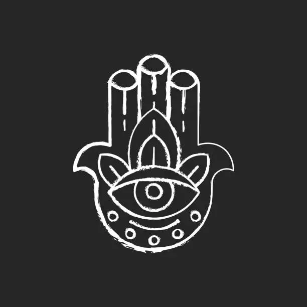 Vector illustration of Hamsa Hand chalk white icon on black background