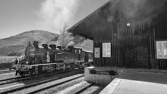 Beautiful landscape with a steamy train on the way to Pinhao in Portugal. Woman on her back waiting for the train