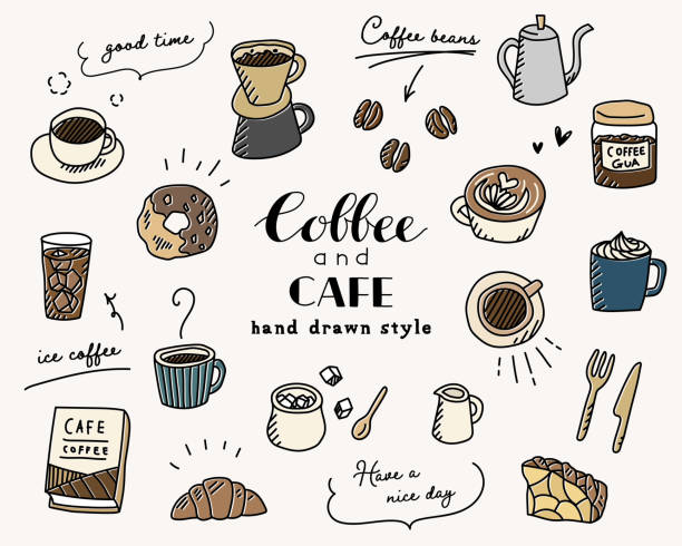 A set of various doodle illustrations related to coffee and cafes A set of various doodle illustrations related to coffee and cafes coffee cup coffee hot chocolate coffee bean stock illustrations