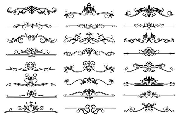 Floral frame border lines or dividers with flowers Floral frame border lines and dividers vector set. Ornate flower elements and vintage ornaments with branches, leaves and vines, wreath, laurel garlands, swirls and flourishes embellishment stock illustrations