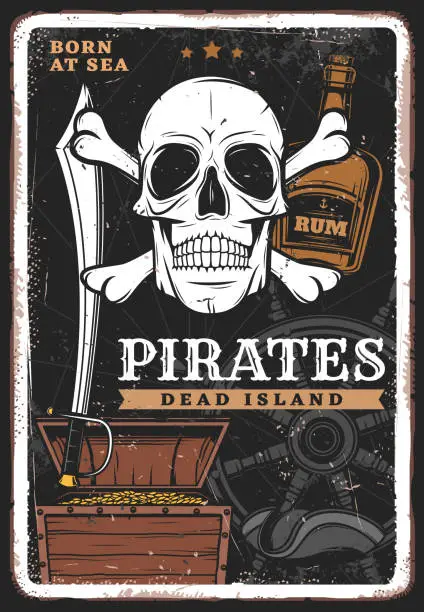 Vector illustration of Pirates poster, vintage skull, treasure and rum