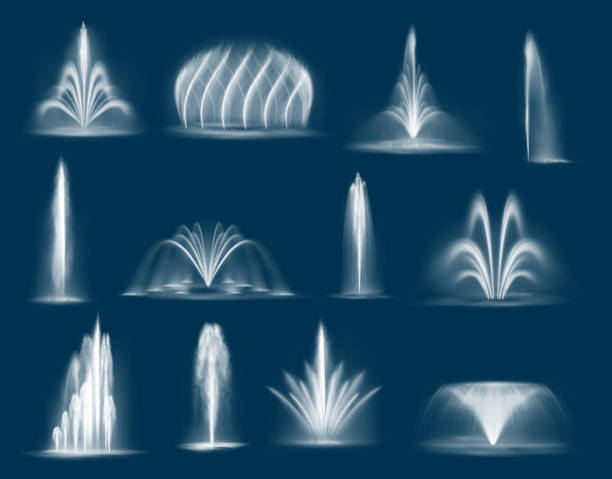 Fountain water jets isolated vector cascades set Fountain water jets isolated vector cascades and single splashing streams, 3d water jets spurt up. Waterworks elements for park decoration and design. Realistic multiple geysers flows eruption set fountains stock illustrations