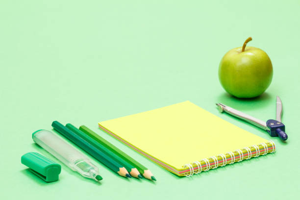 istock School supplies. Felt pen, color pencils, notebook, apple and scissors. 1292540378
