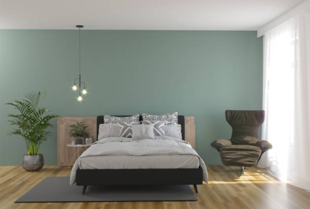 istock 3d rendering of new loft bedroom interior design with green wall 1292541390
