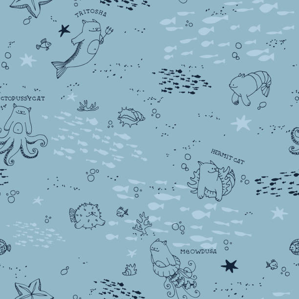 istock seamless pattern of cute cats, octopus, jellyfish, triton, funny sea monsters, school notebook design 1292542614