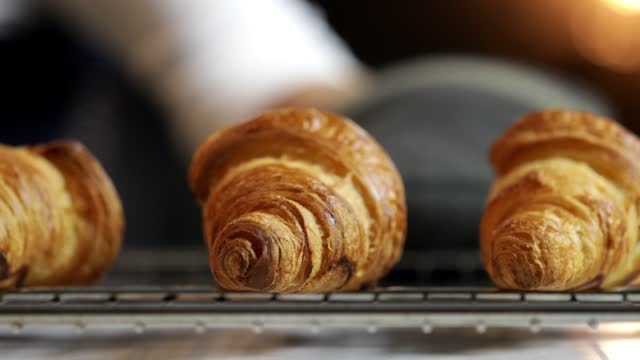 Serving freshly baked Croissants on cooling tray
