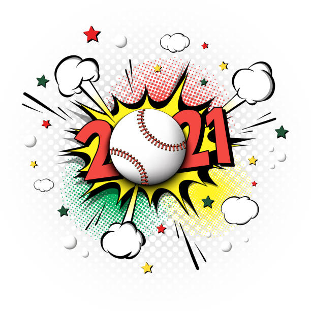 New Year numbers 2021 and baseball ball in pop art style. Comic text on speech bubbles background. Sound effect. Design Pattern for greeting card, banner, vintage comics, poster. Vector illustration