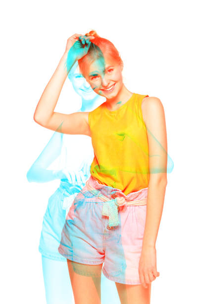 multiple portrait of young girl with glitch duotone effect - fashionable the human body short hair human head imagens e fotografias de stock