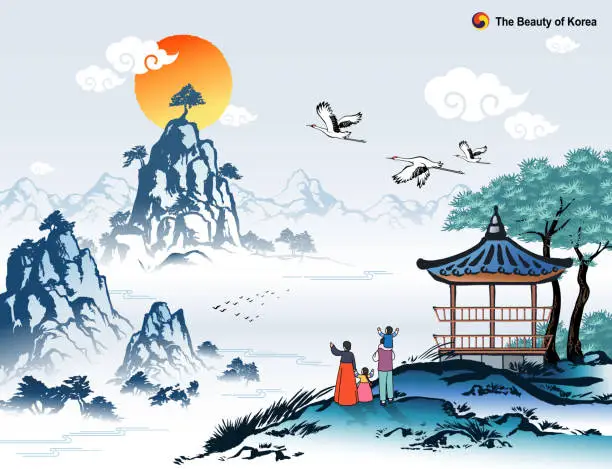 Vector illustration of Beautiful Korea, new year sunrise and natural scenery, family wearing traditional hanbok, Korean traditional painting vector illustration.