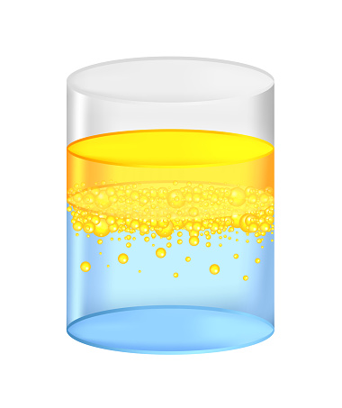 Vector scientific illustration of oil in water, two immiscible liquids. Illustration of emulsification in a beaker. A mixture of two liquids not yet emulsified isolated on a white background.