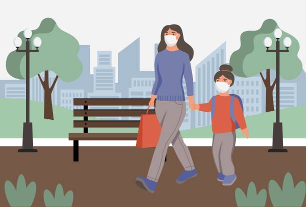 ilustraciones, imágenes clip art, dibujos animados e iconos de stock de mujer con niño en máscaras protectoras de polvo facial wolk en el parque. protección contra la contaminación del aire urbano, smog, vapor. cuarentena de coronavirus, concepto de virus respiratorios. ilustración vectorial de dibujos animados planos. - wolk