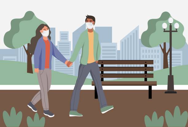 保護顔のほこりマスクのカップルは、公園でウォルク。都市の大気汚染、スモッグ、蒸気からの保護。コロナウイルス検疫、呼吸器ウイルスの概念。フラット漫画のベクトルのイラスト。 - wolk点のイラスト素材／クリップアート素材／マンガ素材／アイコン素材